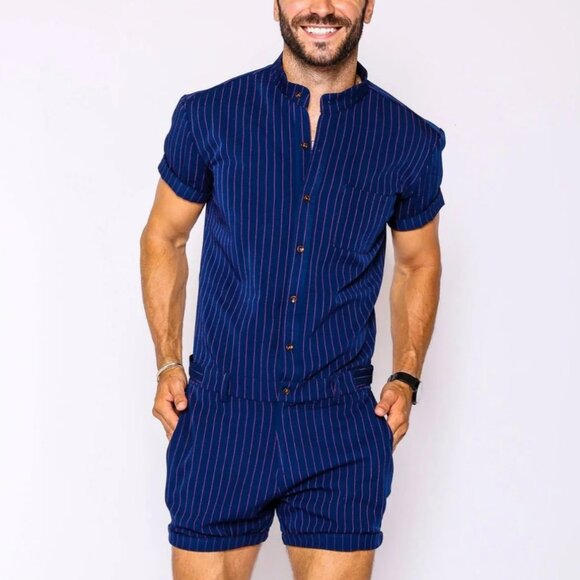 Romperjack The Premium Navy Chateaux Navy Blue & Pink Pinstripe Romper EUC XL - Picture 1 of 11